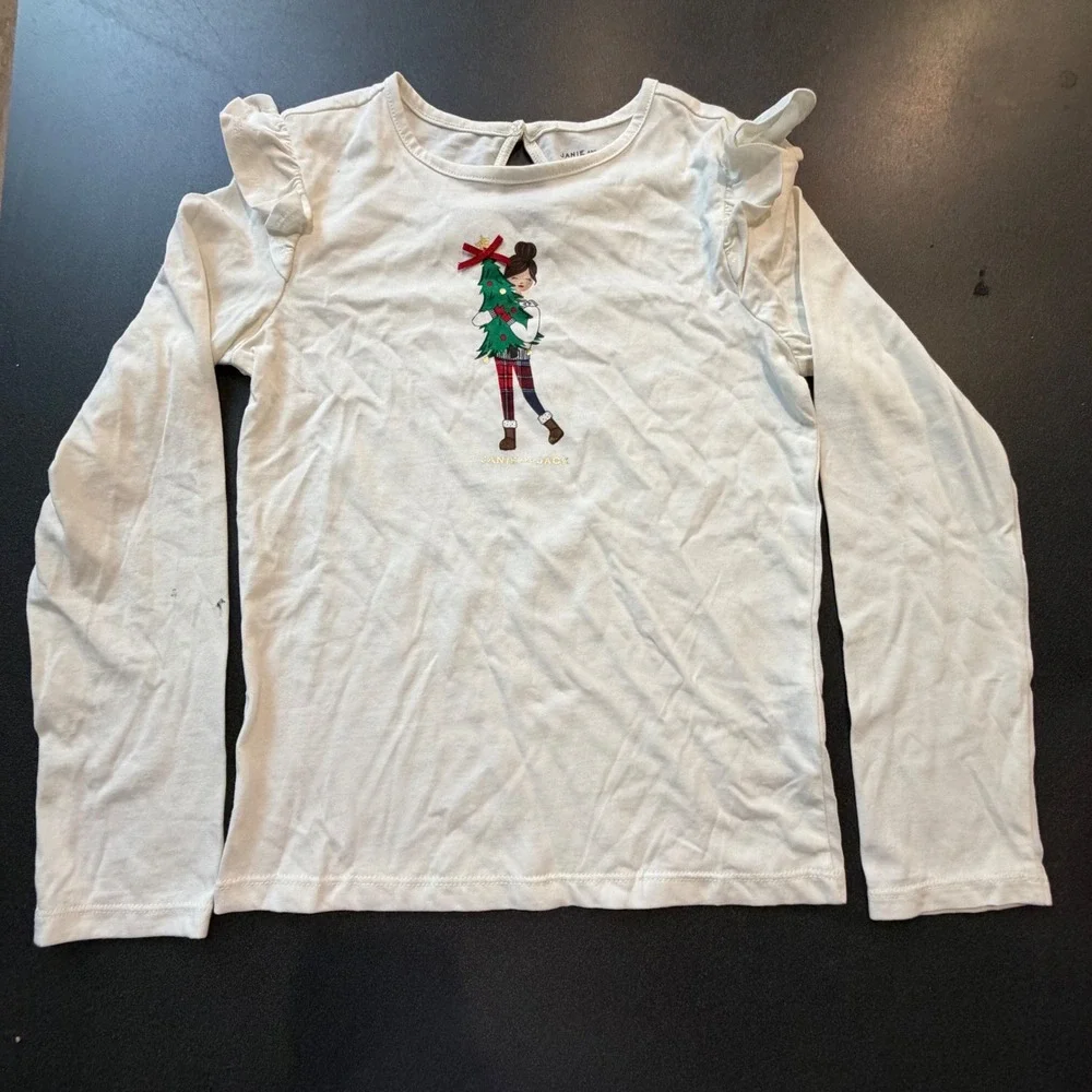 Janie and Jack Long Sleeve Tee Size 8 Christmas Tree Ruffle Shoulder White